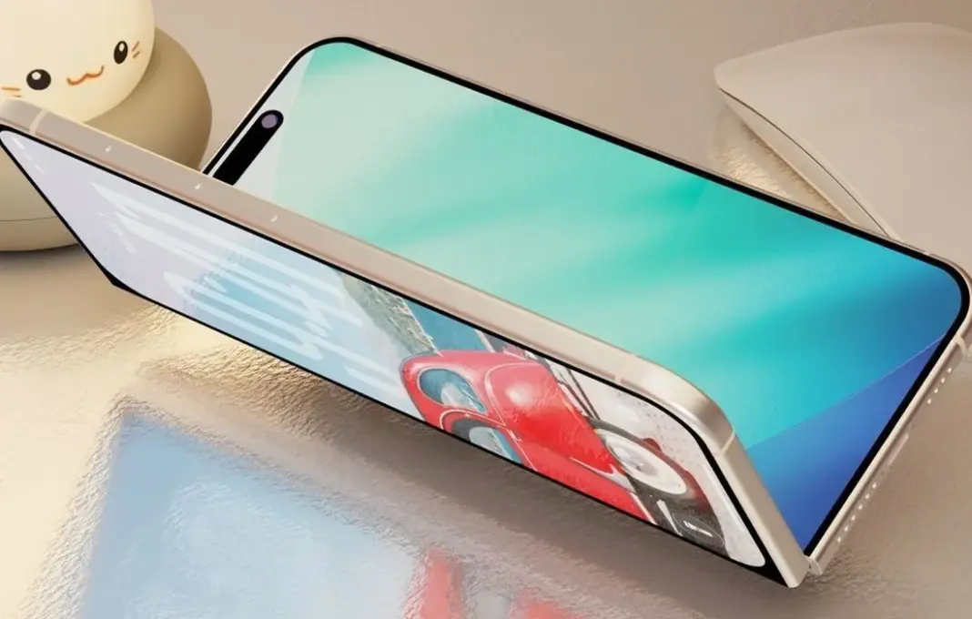 Konsep desain iPhone lipat Apple dengan tampilan dua unit iPhone Air yang ditumpuk, menunjukkan desain foldable premium