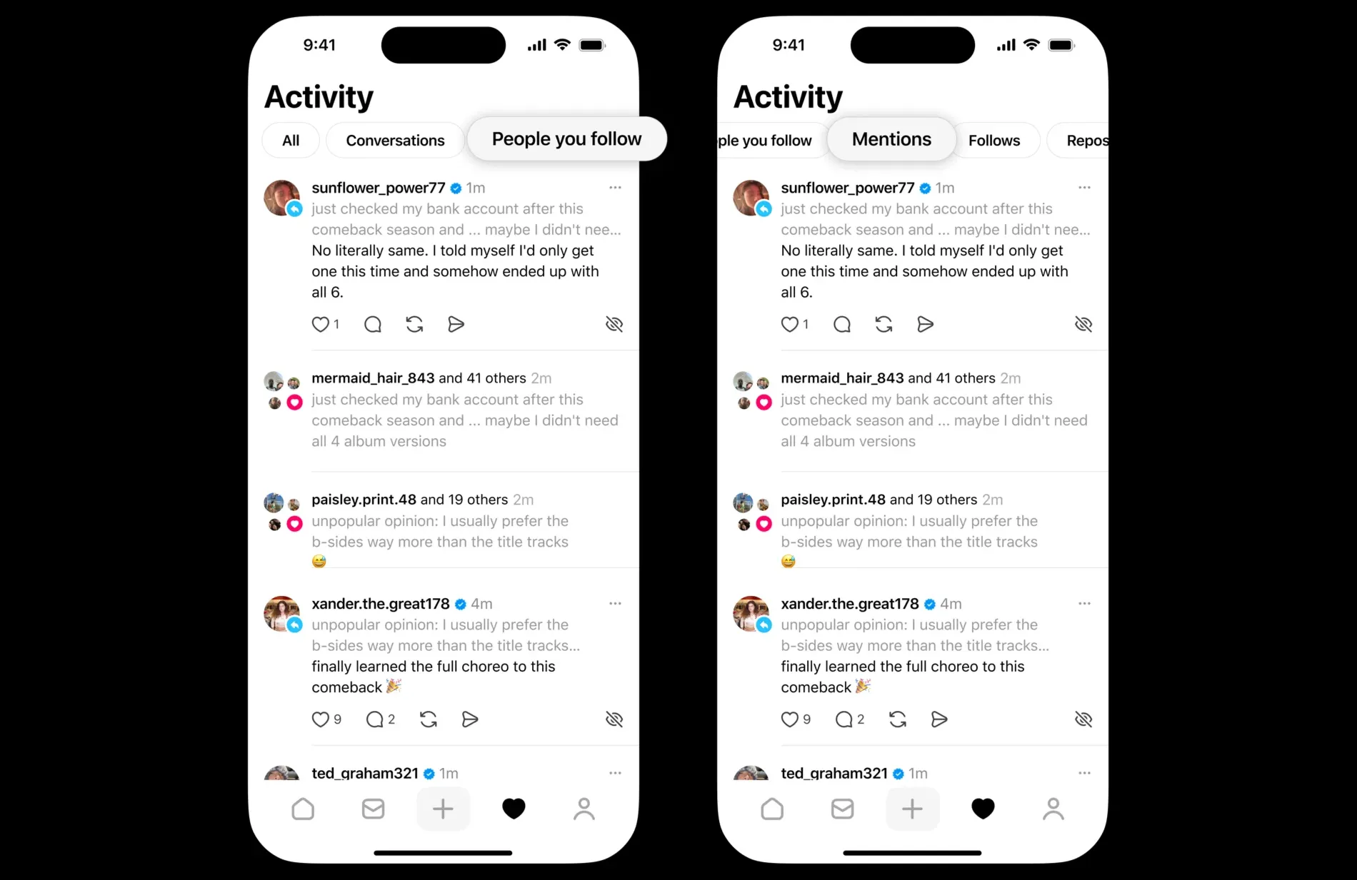 Threads activity feed filtering