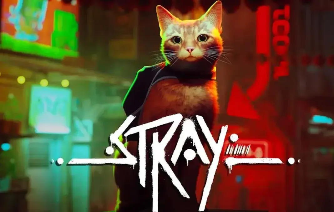 Ilustrasi game Stray menampilkan kucing protagonis di lingkungan cyberpunk dengan pencahayaan neon