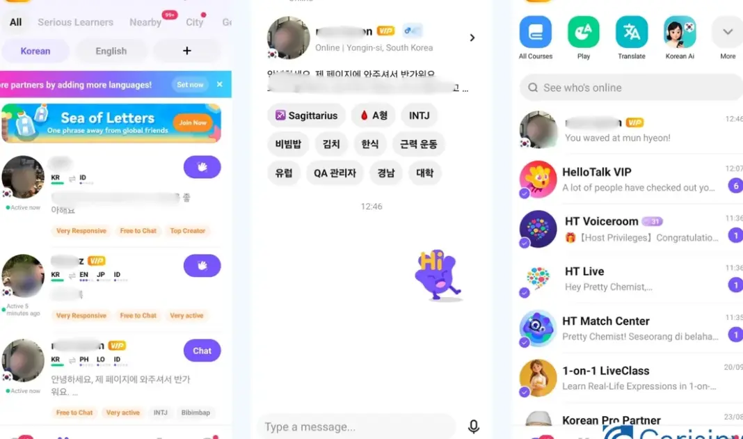 Antarmuka aplikasi HelloTalk menunjukkan fitur chat dan pertukaran bahasa dengan pengguna dari berbagai negara
