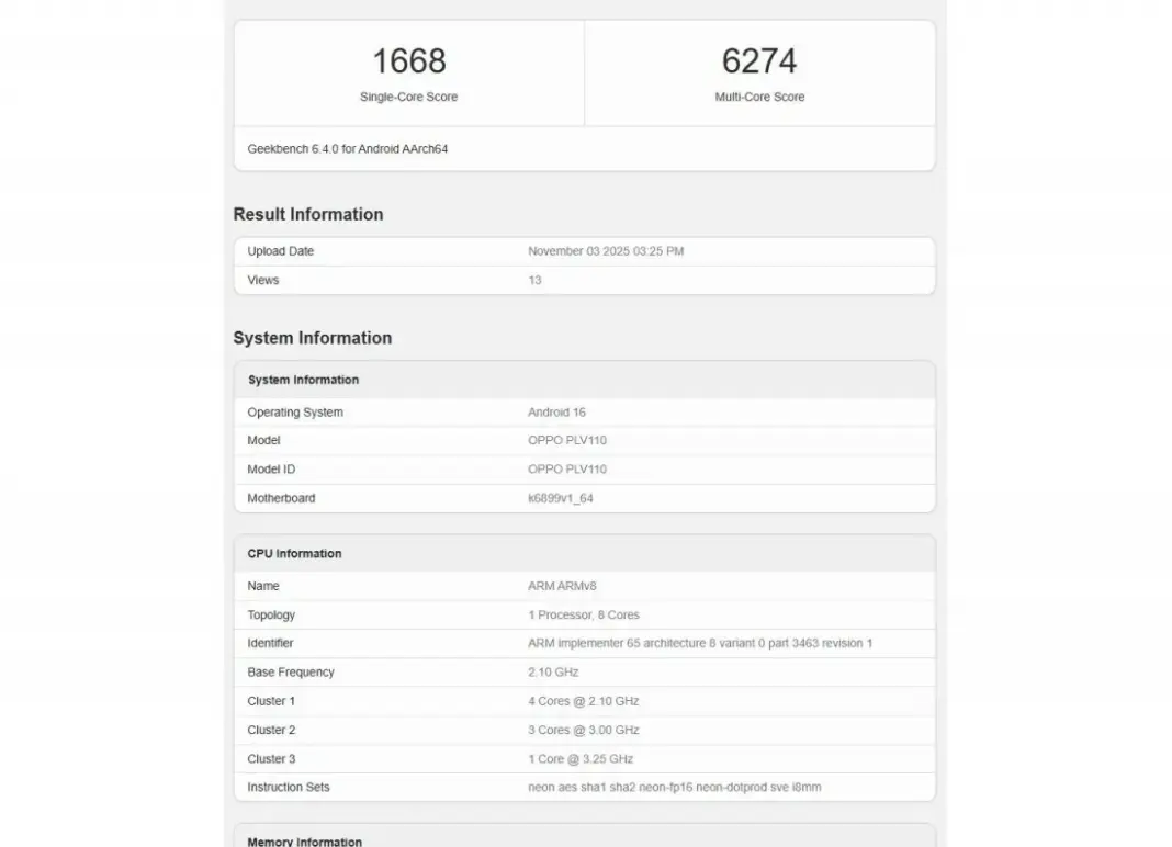 Tampilan hasil tes benchmark Oppo Reno15 di Geekbench yang mengungkap chipset MediaTek Dimensity 8450 dan RAM 16GB