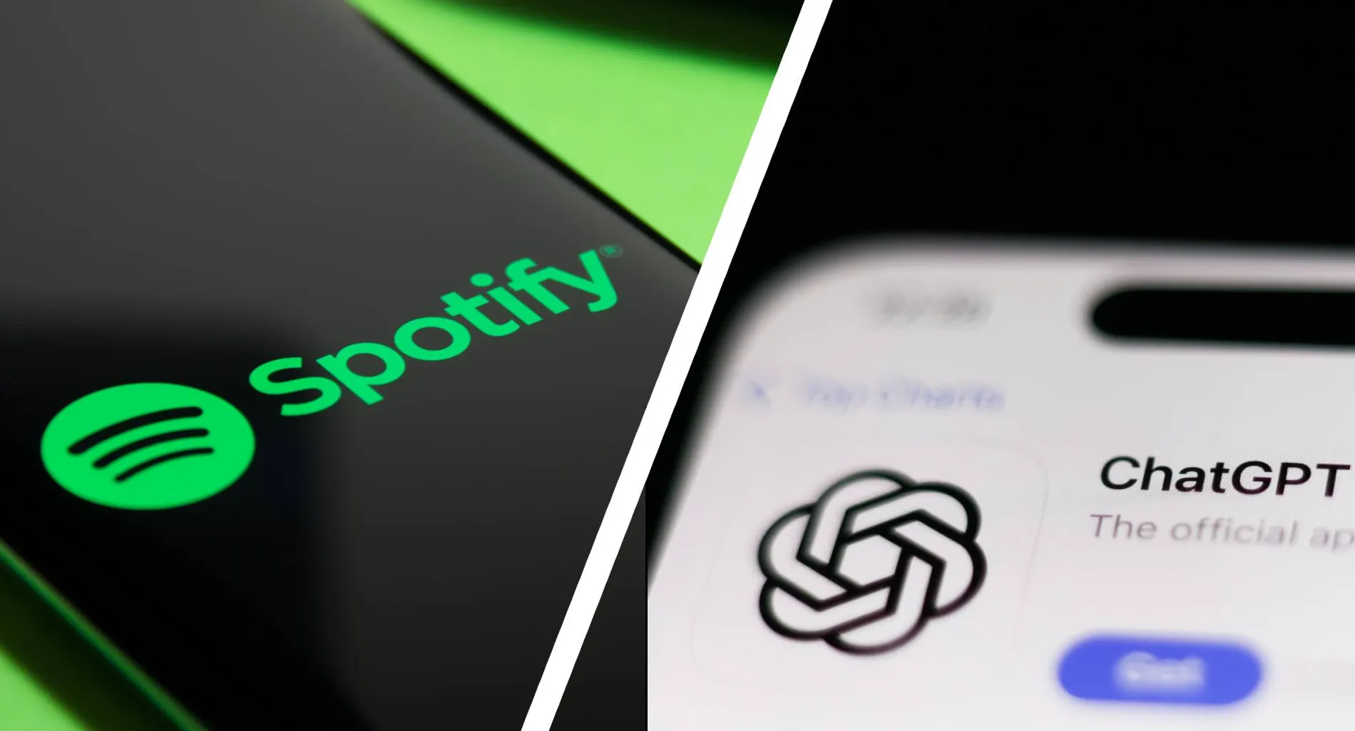 Spotify on a mobile device next to ChatGPT on a mobile device