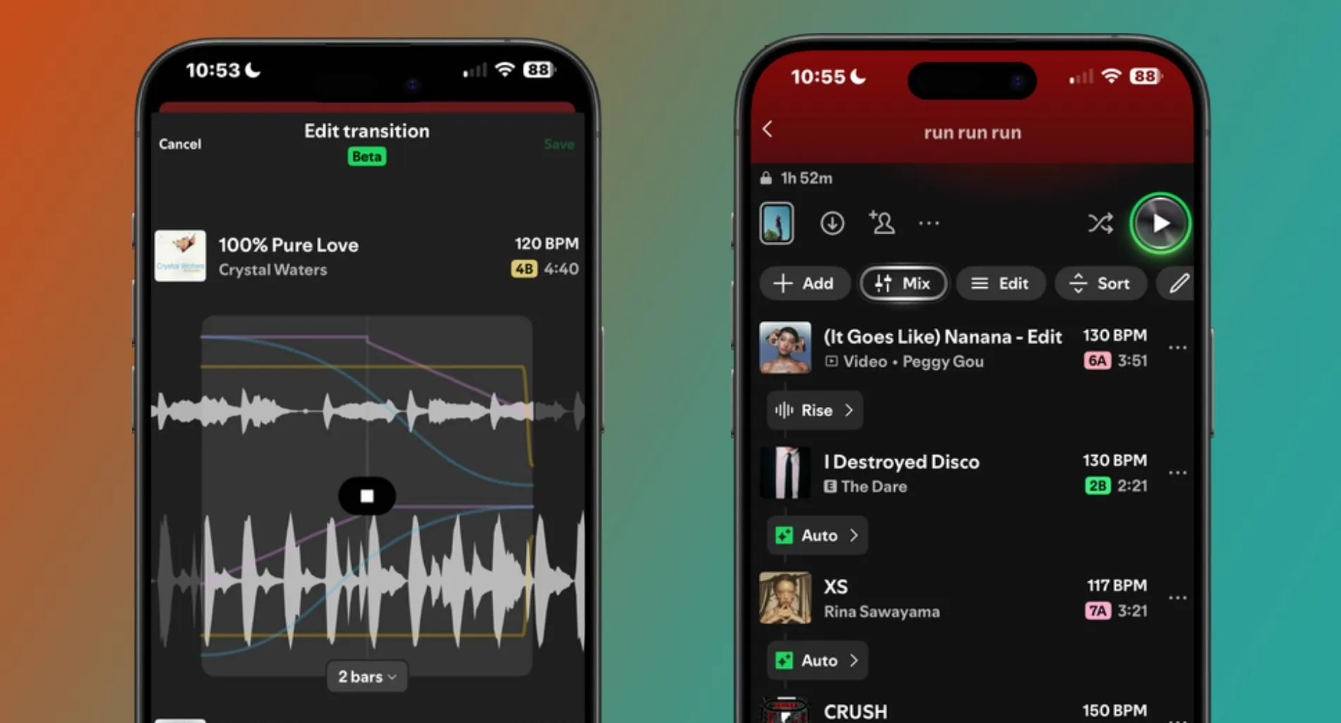 A mixed Spotify playlist on an iPhone next to another iPhone showing the in-app mixing software