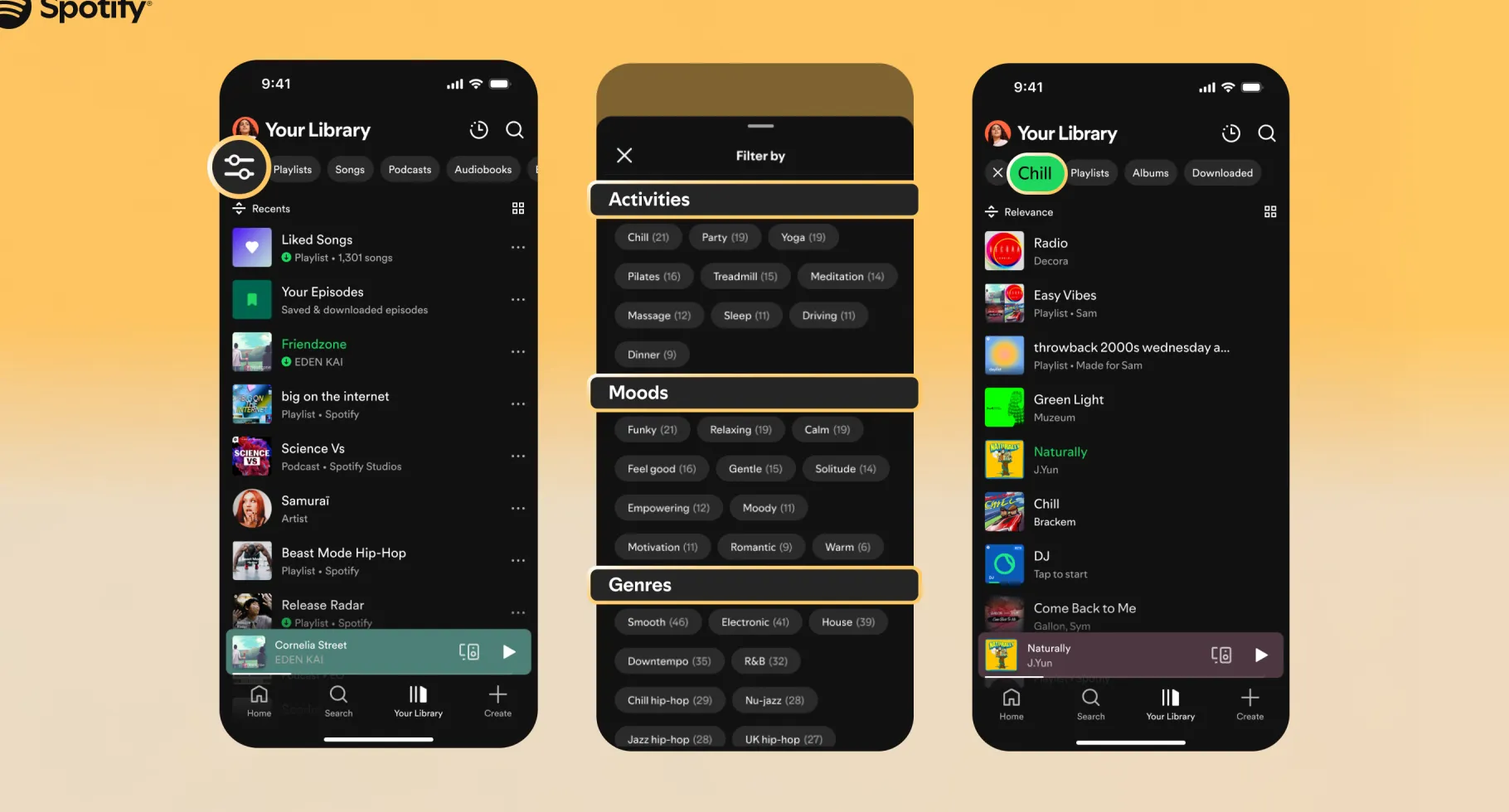 Three mobile phones displaying Spotify's new Smart Filters in the Your Library section
