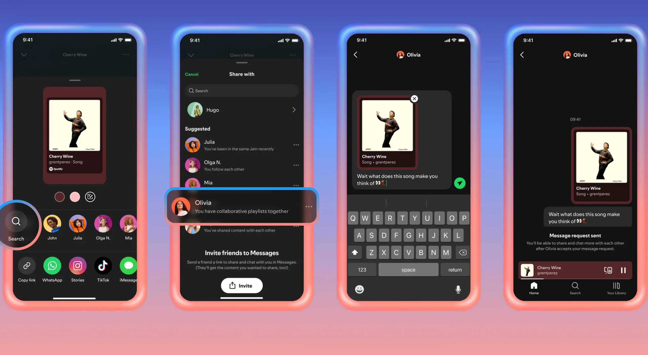 Several phones on a blue and link background showing the Spotify Messages feature