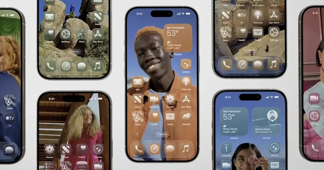 Ilustrasi antarmuka iOS 26.1 dengan toggle Liquid Glass di menu Display & Brightness