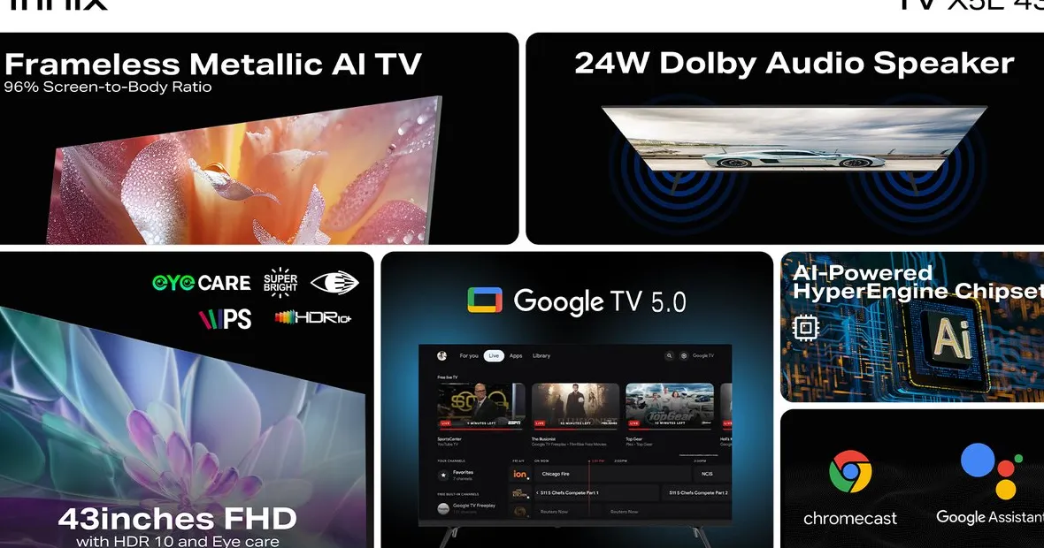 Desain frameless metallic Infinix Smart TV X5L 43 inci