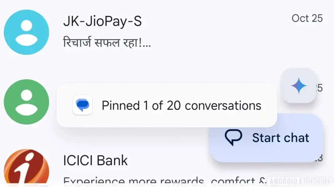 Tampilan antarmuka Google Messages dengan chat yang sudah dipin di bagian atas