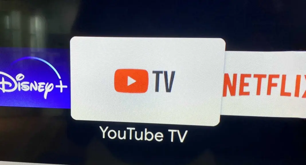 YouTube TV app on a smart TV showing the interface and channel selection