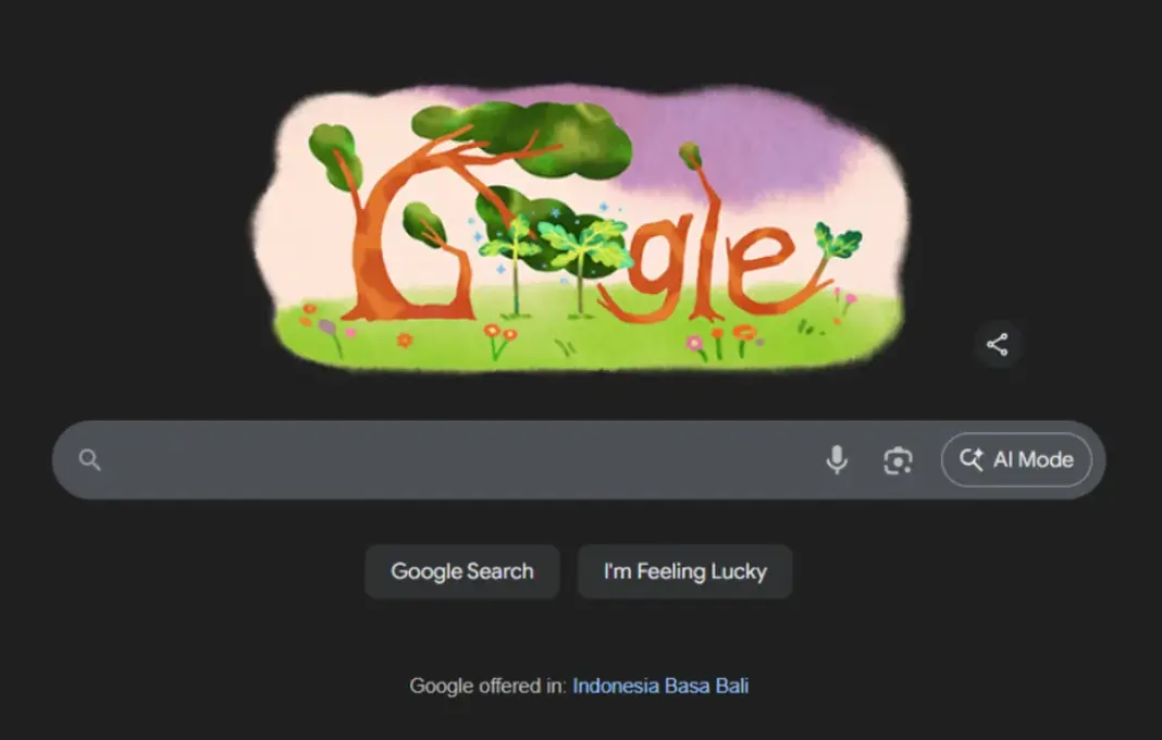 Tampilan Google Doodle Hari Ayah Nasional 2024 dengan ilustrasi pepohonan hijau dan cokelat yang menggambarkan perlindungan ayah