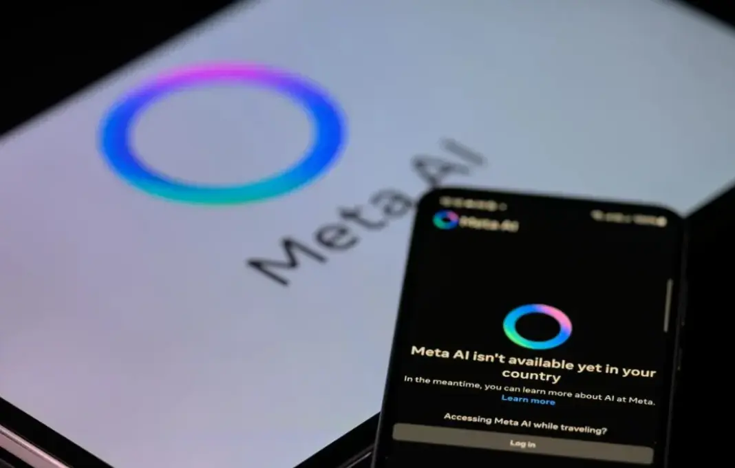 Ilustrasi Meta AI dan platform media sosial Facebook, Instagram, WhatsApp dengan latar belakang iklan digital