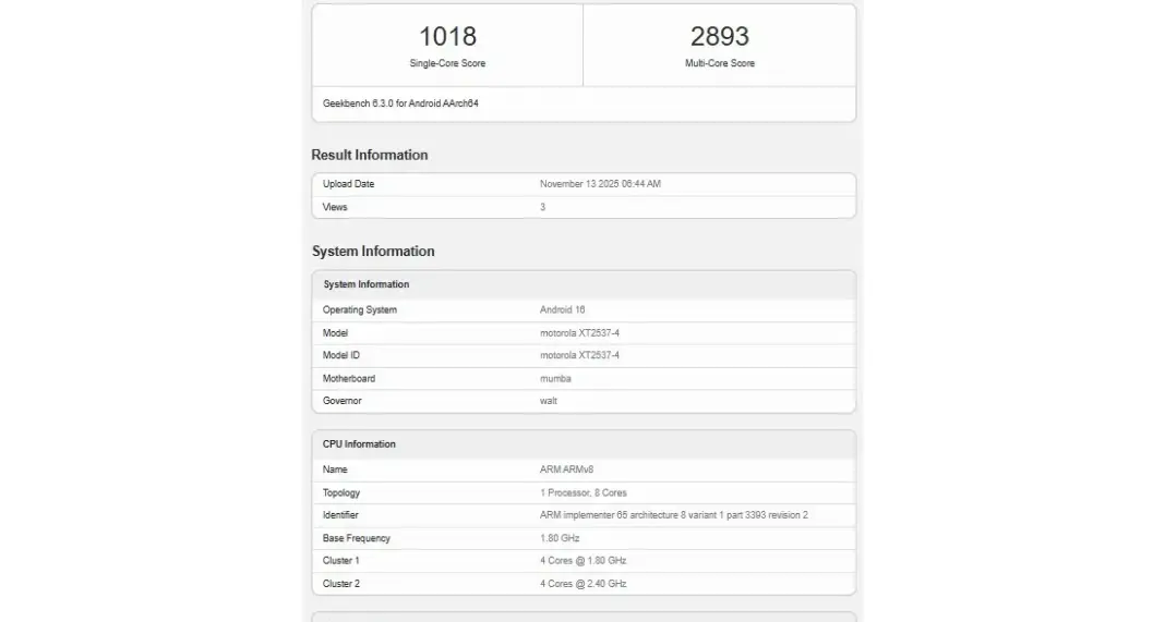 Tampilan hasil benchmark Moto G76 di Geekbench dengan model XT2537 dan chipset Snapdragon 6s Gen 4