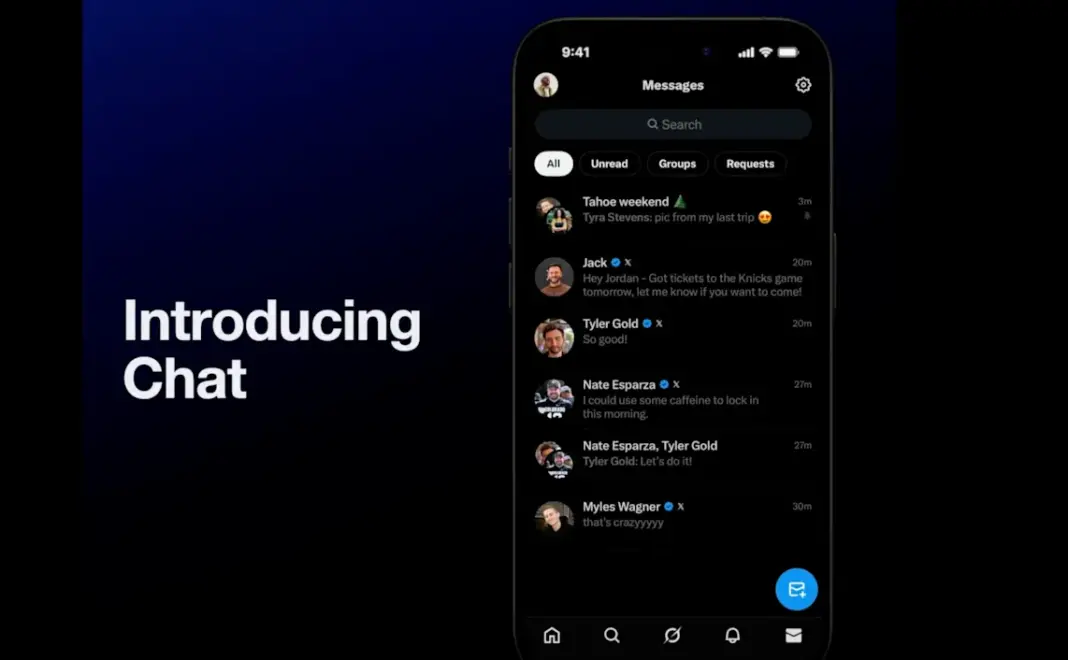 Antarmuka fitur Chat baru di platform X dengan tampilan percakapan terenkripsi end-to-end
