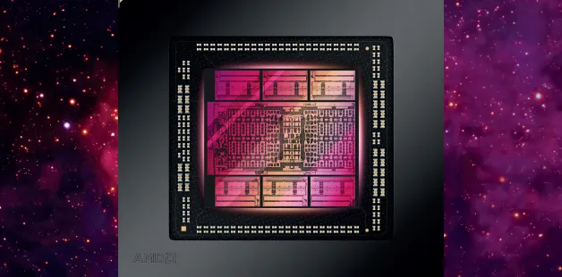 A close-up of an AMD chip set against a colorful cosmic background.