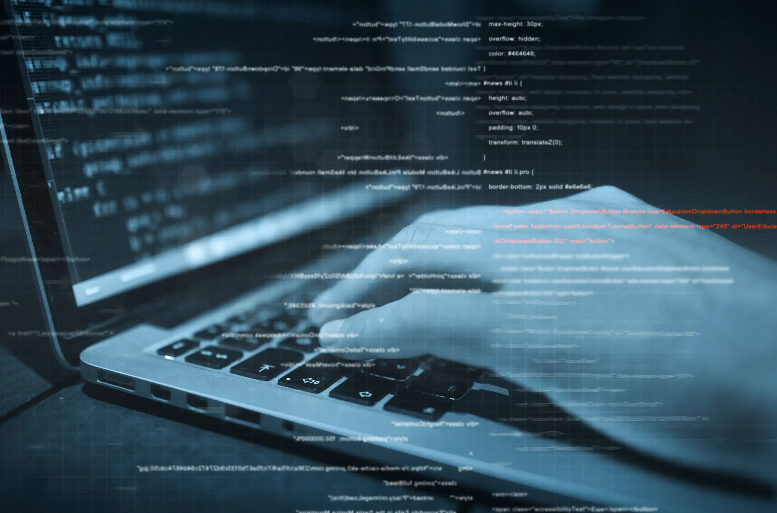 hacker hands at work with interface around