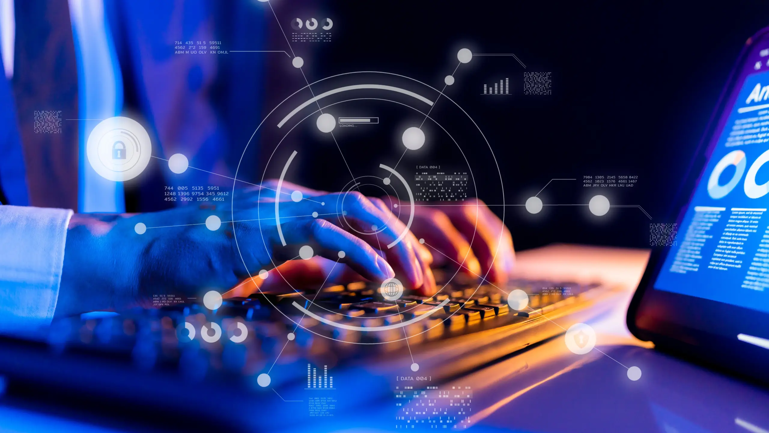 Password recovery concept image showing man typing on a keyboard with an overlay imitating password recovery and data recovery principles