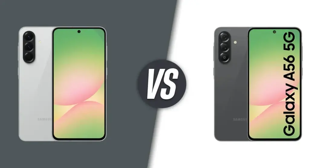 Perbandingan visual Samsung Galaxy A57 dan Galaxy A56 dalam grafis side by side menunjukkan perbedaan desain dan spesifikasi