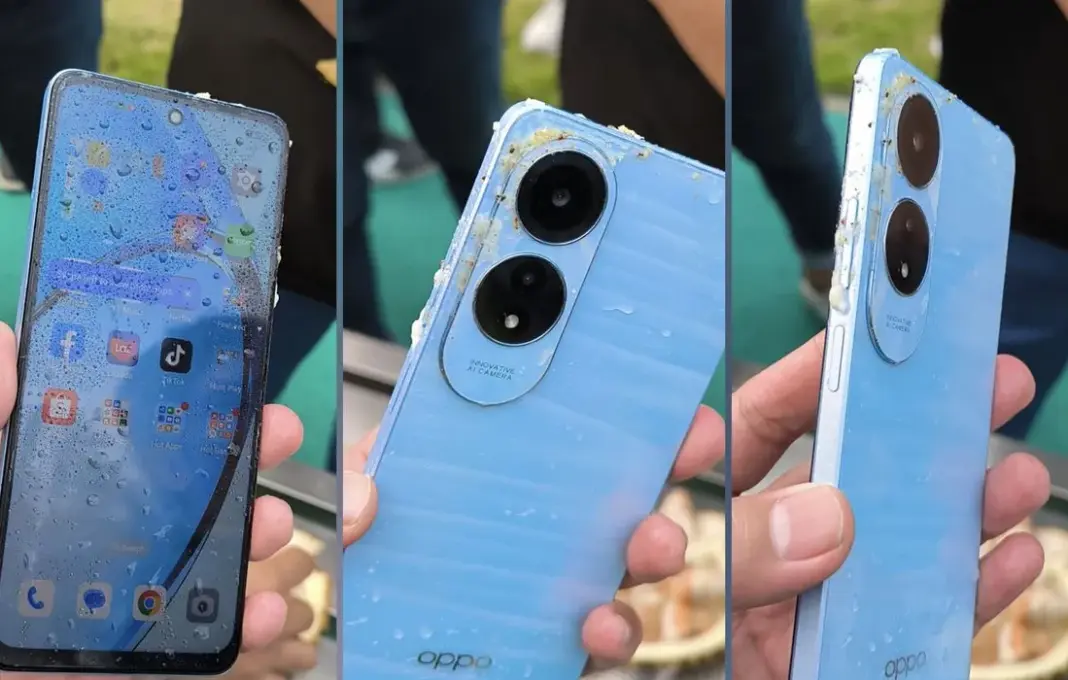 Kondisi HP Oppo A60 setelah dipakai untuk membelah durian di pabrik Oppo di Kawasan Industri Bayur, Periuk, Tangerang