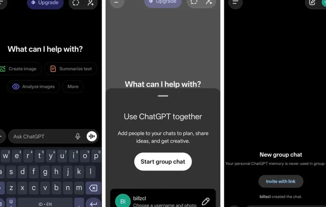 Tampilan antarmuka fitur Group Chat di platform ChatGPT dengan ikon grup dan opsi pembuatan ruang obrolan bersama