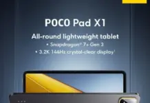 POCO Pad X1 tablet dengan desain modern warna Grey dan Blue, menampilkan modul kamera persegi dan layar 3.2K