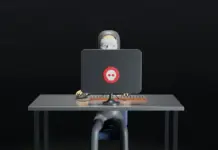 Ilustrasi pencarian kerja di dark web yang menunjukkan laptop dengan antarmuka gelap dan grafik pertumbuhan pasar kerja ilegal