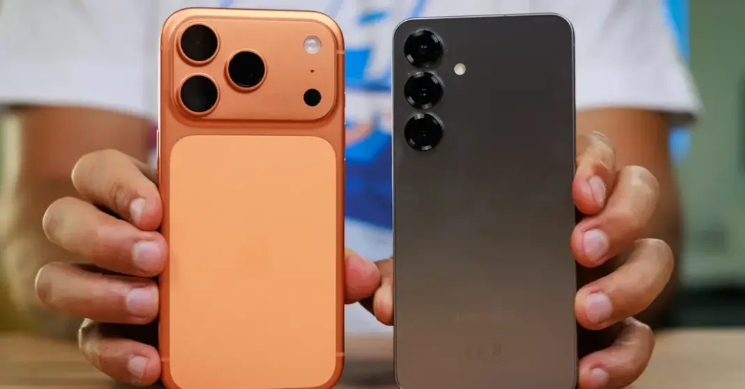 Perbandingan visual antara Samsung Galaxy S25 dan iPhone 17 Pro yang menunjukkan perbedaan desain dan ukuran