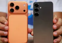 Perbandingan visual antara Samsung Galaxy S25 dan iPhone 17 Pro yang menunjukkan perbedaan desain dan ukuran