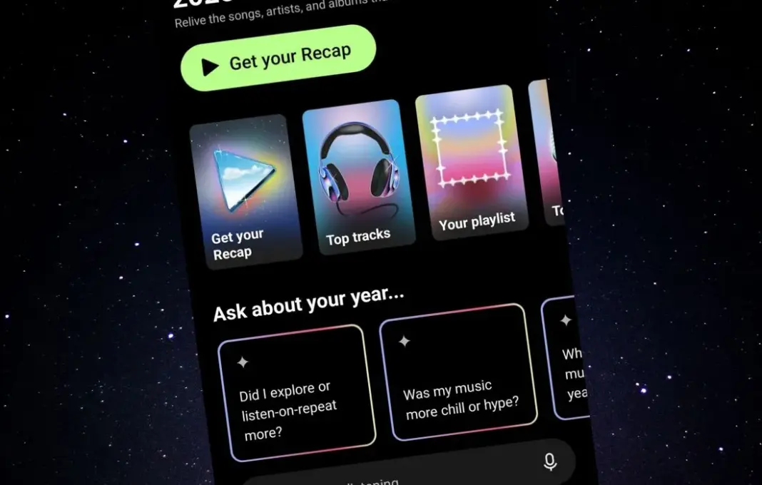 Tampilan antarmuka YouTube Music 2025 Recap yang menampilkan statistik musik personal pengguna