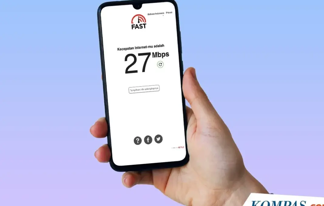 Ilustrasi pengukuran kecepatan internet seluler di smartphone dengan grafik pertumbuhan kecepatan download dan upload