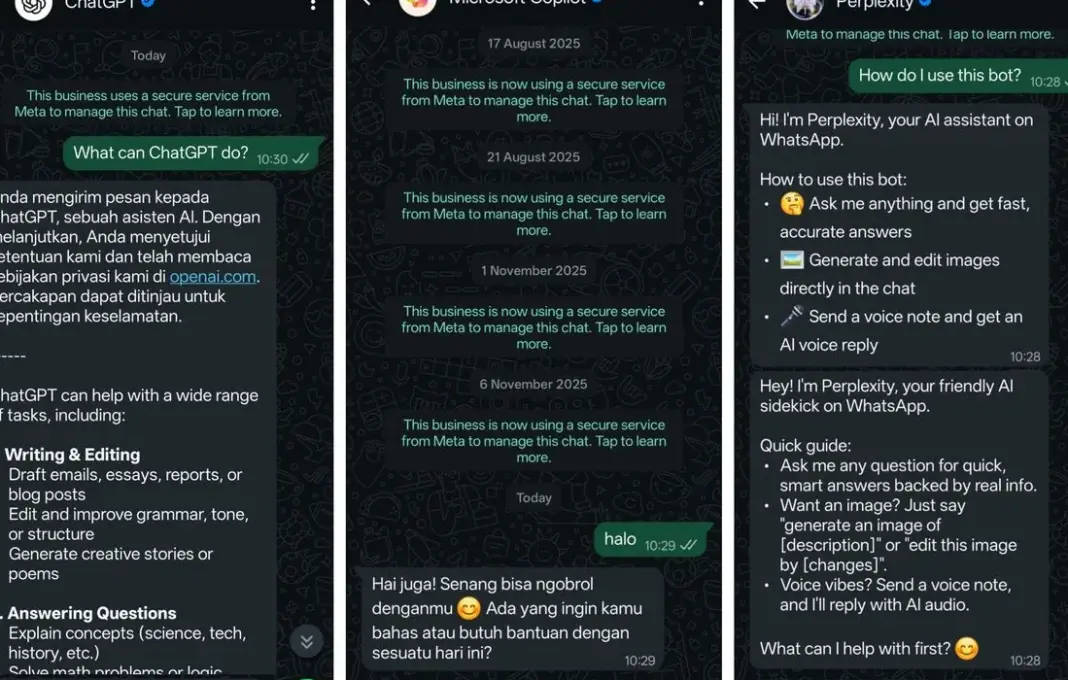 Ilustrasi chatbot AI ChatGPT, Copilot, dan Perplexity di aplikasi WhatsApp
