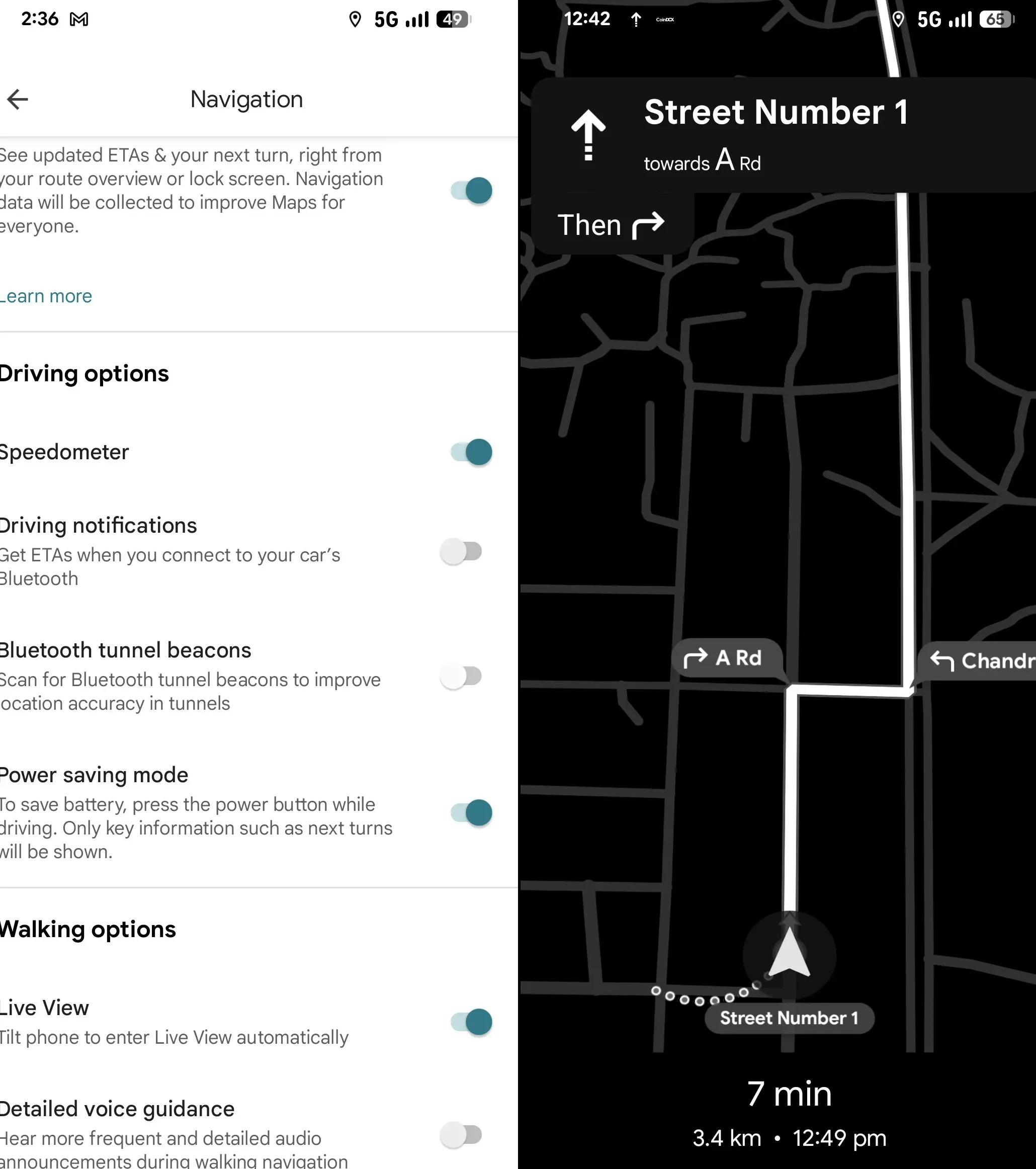 Google Maps power-saving mode in action on the Pixel 10.