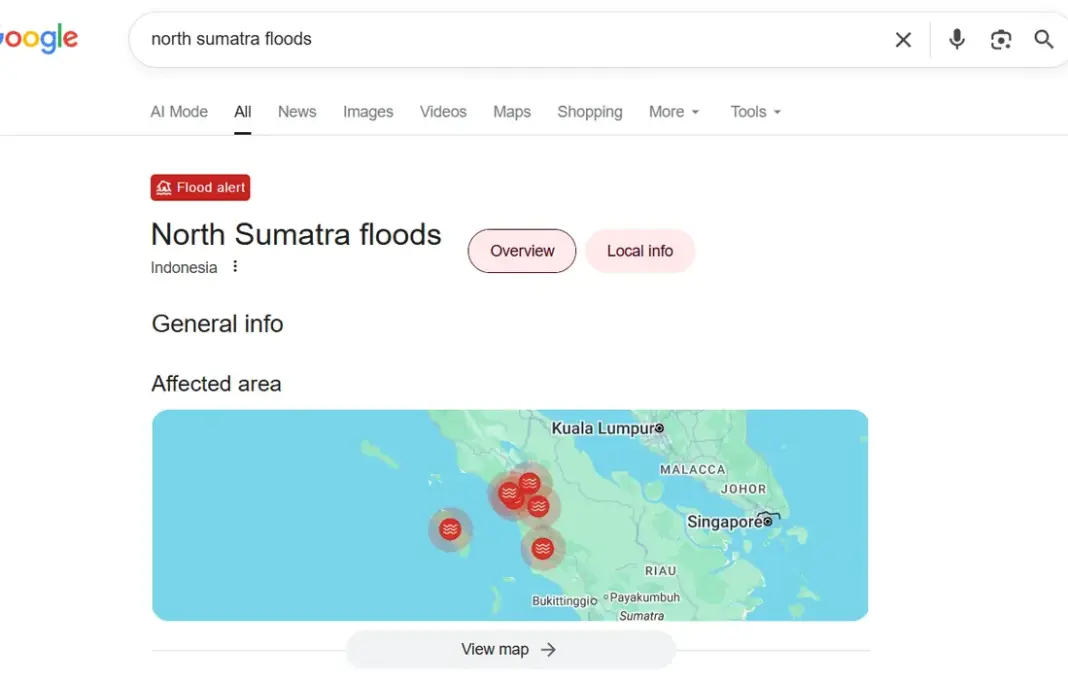 Tangkapan layar tampilan flood alert Google untuk banjir Sibolga dan Tapanuli di Sumatera Utara