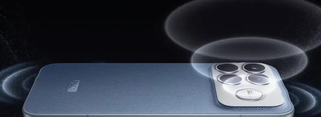 POCO F8 Ultra smartphone dengan modul kamera lebar dan desain denim blue yang elegan