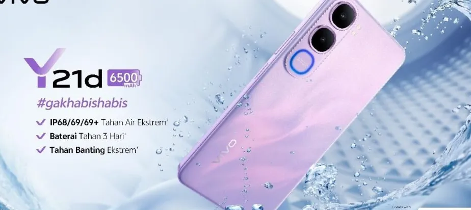 vivo Y21d smartphone dengan desain modern dalam warna Ungu Lavender, menampilkan ketahanan air dan baterai besar