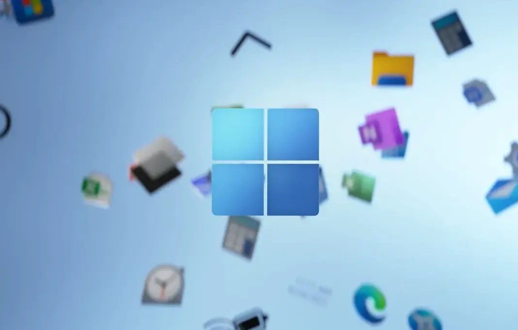 Ilustrasi Windows 11 dengan tampilan antarmuka modern dan elemen kecerdasan buatan