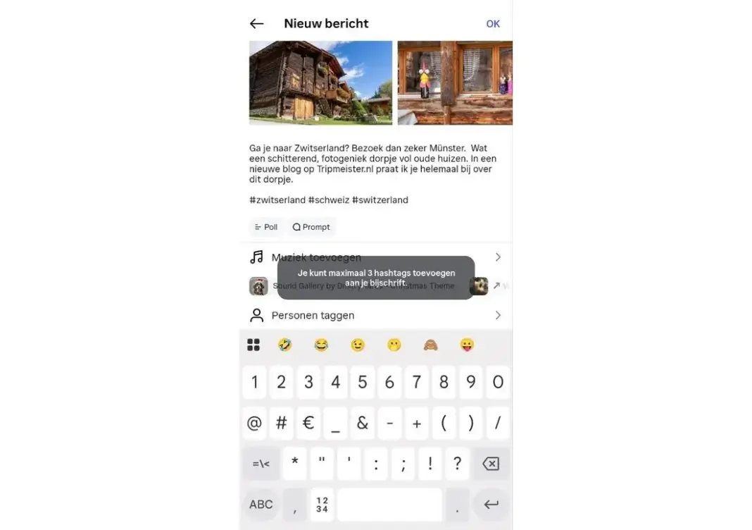 Ilustrasi notifikasi batas tiga hashtag di aplikasi Instagram pada ponsel