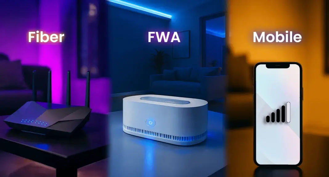 Ilustrasi peta Indonesia dengan highlight wilayah Sumatra, Bali, Nusa Tenggara, Kalimantan, dan Sulawesi yang akan dilayani FWA MyRepublic, dengan simbol sinyal nirkabel.