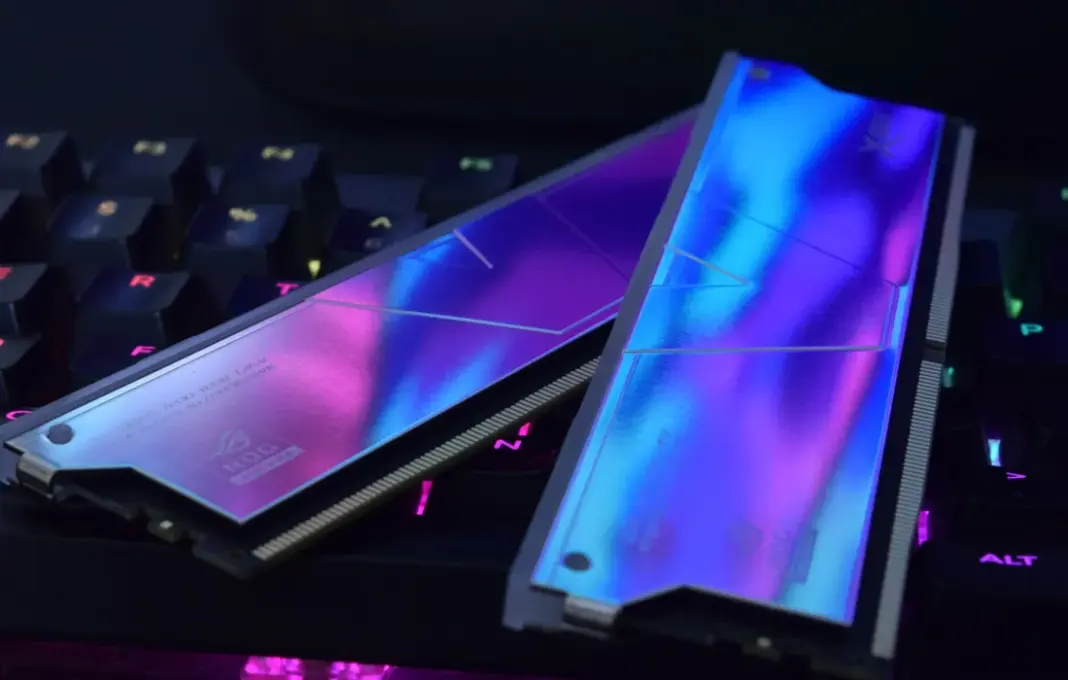 Ilustrasi modul RAM komputer DDR4 dan DDR5 di atas sirkuit elektronik, merepresentasikan kenaikan harga komponen memori.