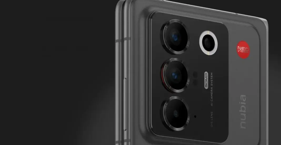 Smartphone lipat buku nubia Fold dalam warna hitam, menunjukkan layar utama yang terbuka lebar.