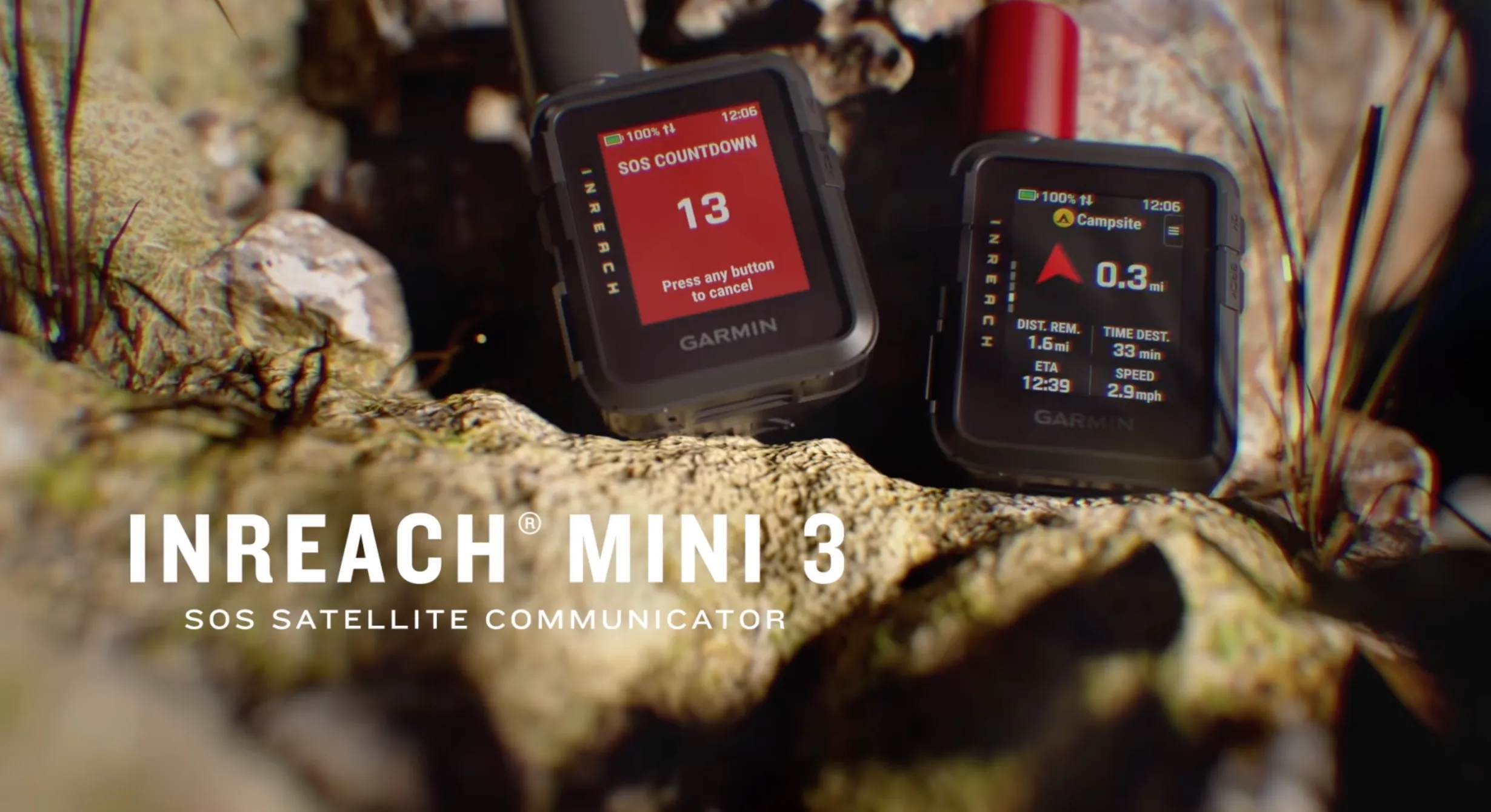 A YouTube screenshot of two InReach Mini 3s sitting on rocks, one showing an SOS alert, one showing course turn-by-turn navigation.