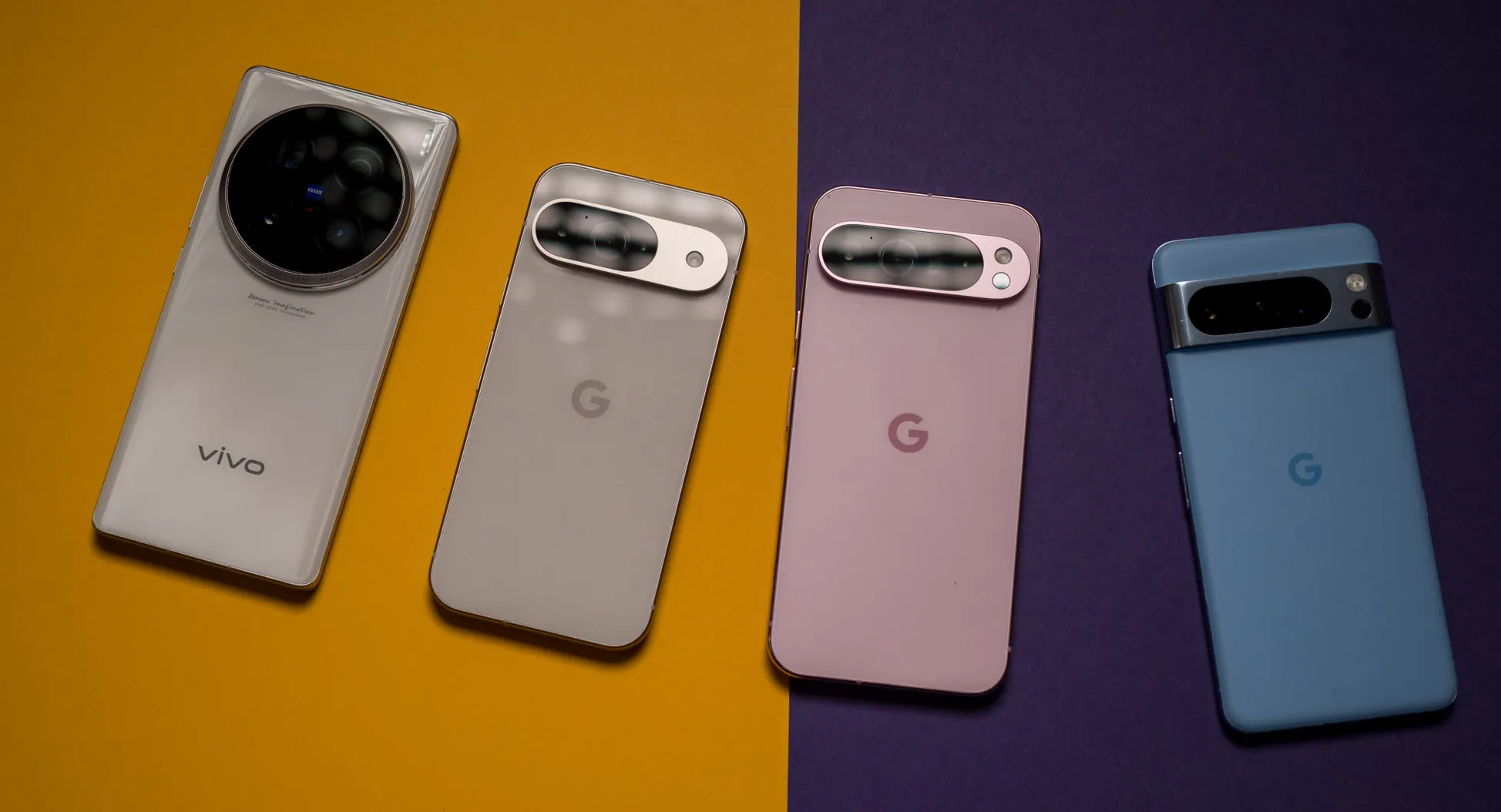 Pixel 9 and Pixel 9 Pro XL next to Vivo X100 Ultra and Pixel 8 Pro