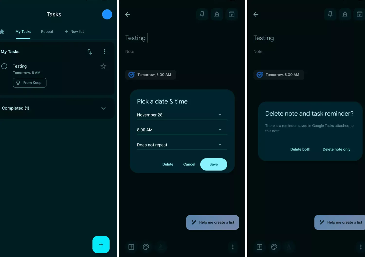 The Google Keep reminders appearing in Google Tasks.