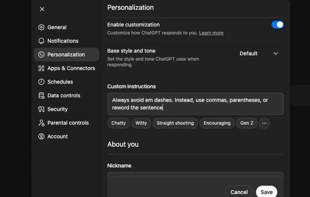 Menu custom instruction di aplikasi ChatGPT yang menunjukkan personalisasi pengaturan chatbot.
