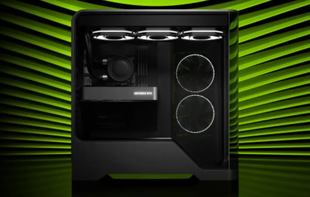 Ilustrasi tampilan GPU Nvidia GeForce RTX 5060 series di dalam casing PC gaming.