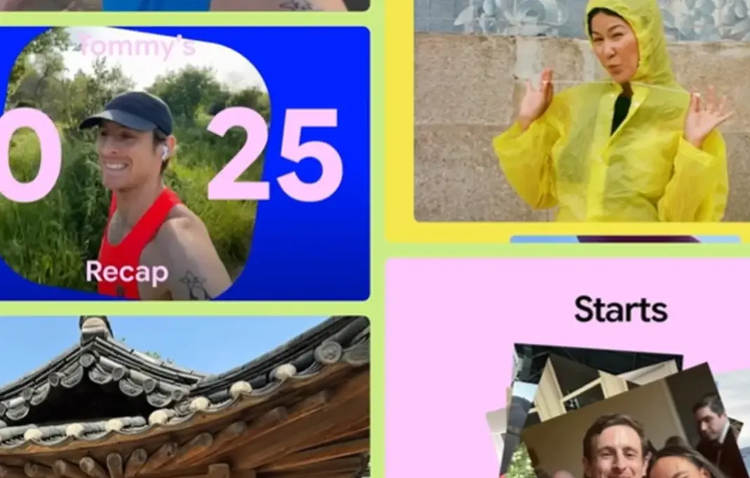 Ilustrasi antarmuka Google Photos Recap 2025 yang menampilkan kolase foto dan statistik tahunan