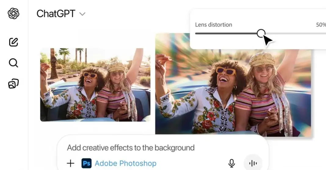 Ilustrasi integrasi Adobe Photoshop, Express, dan Acrobat ke dalam antarmuka percakapan ChatGPT untuk editing gambar dan dokumen.
