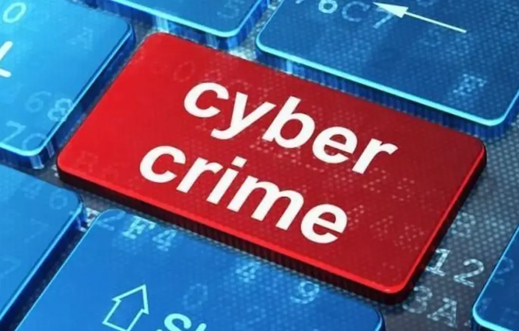 Ilustrasi ancaman kejahatan siber otomatis dengan simbol AI dan kode berbahaya di latar belakang jaringan digital.