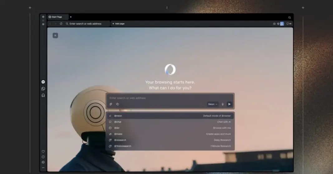 Tampilan antarmuka browser Opera Neon yang menampilkan integrasi fitur kecerdasan buatan (AI) untuk tugas otomatisasi dan coding.