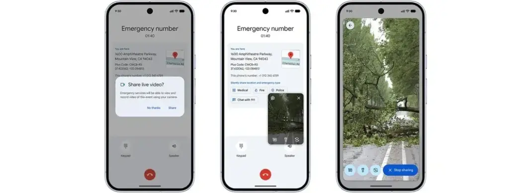 Ilustrasi antarmuka ponsel Android yang menampilkan opsi berbagi video langsung (live video) selama panggilan darurat ke layanan 911 atau nomor darurat setempat.