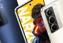 Realme Narzo N65 80x 5G Harga Turun Smartphone realme Narzo N65 80x 5G warna Midnight Blue dengan layar menyala, menampilkan tampilan homescreen.